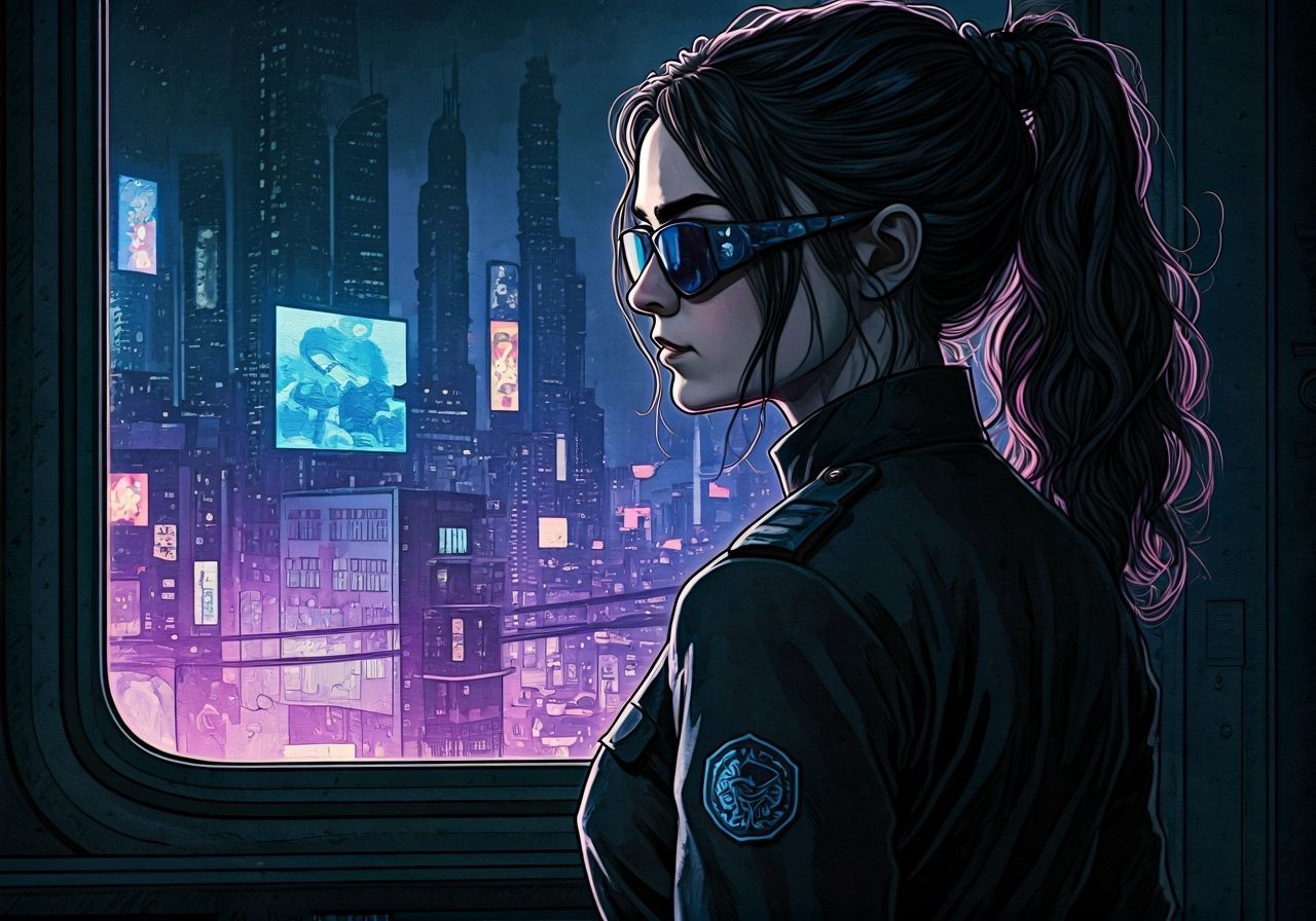 Ashildr in Cyberpunk Cityscape: Graphic Novel Illustration