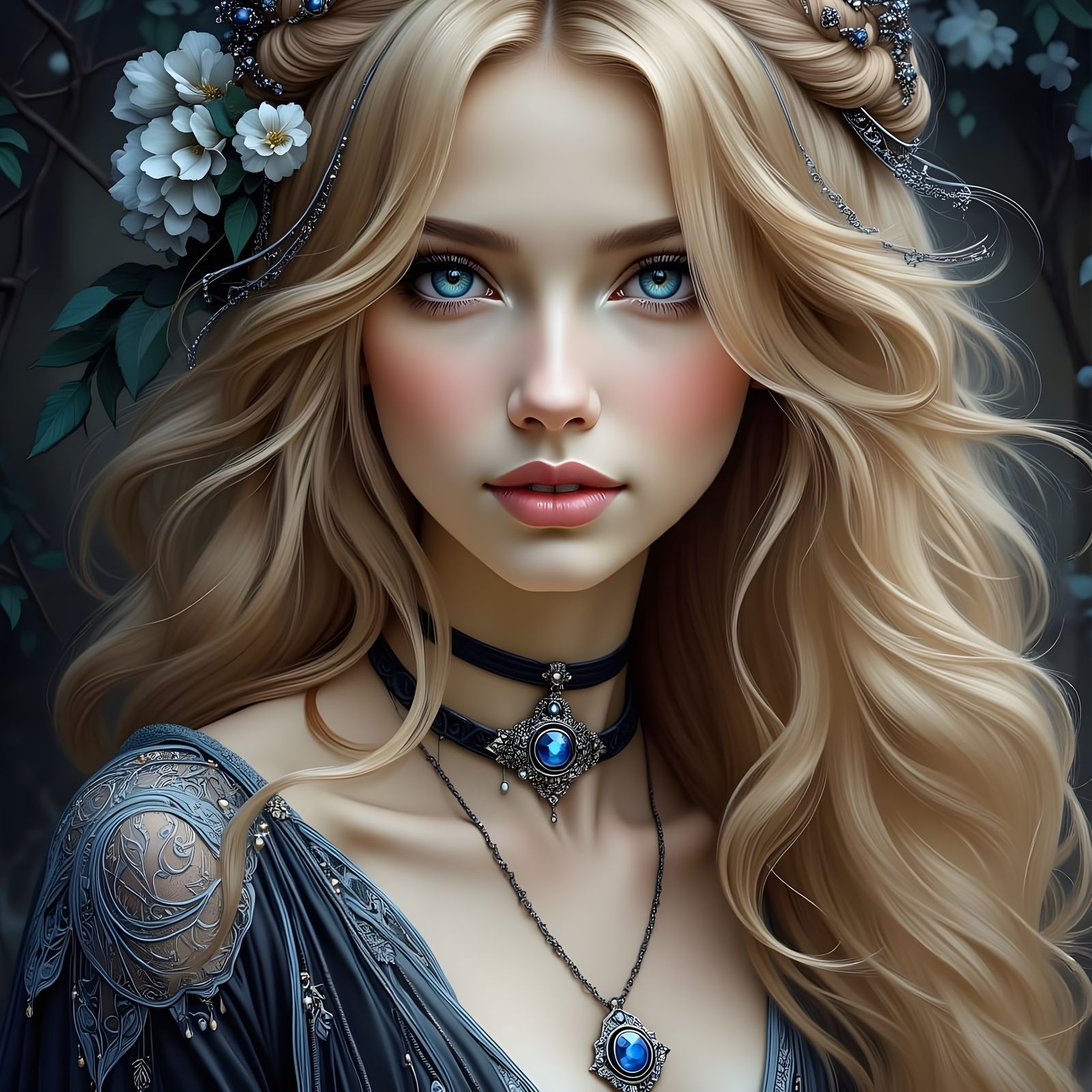 Ethereal Gothic Goddess Portrait in Art Nouveau Style