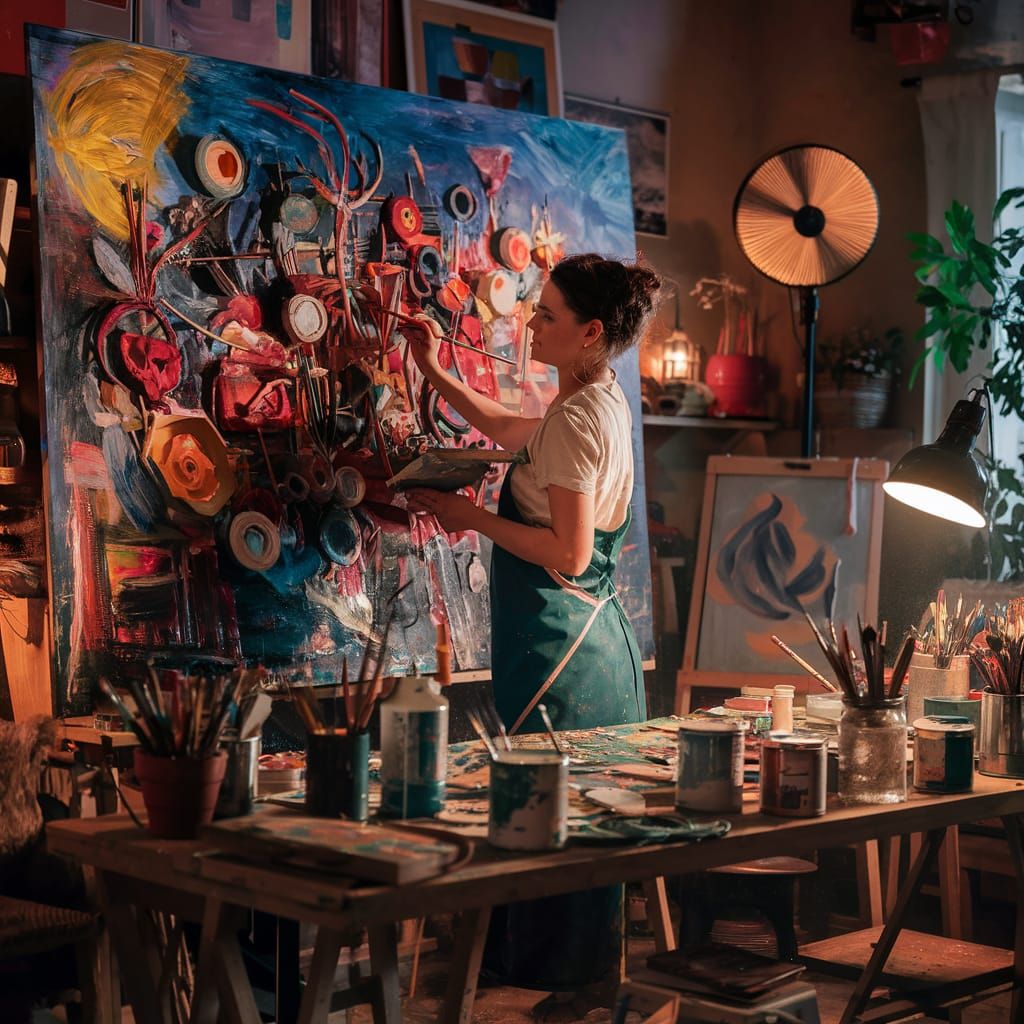 Cozy Artist's Studio with Abstract Painting