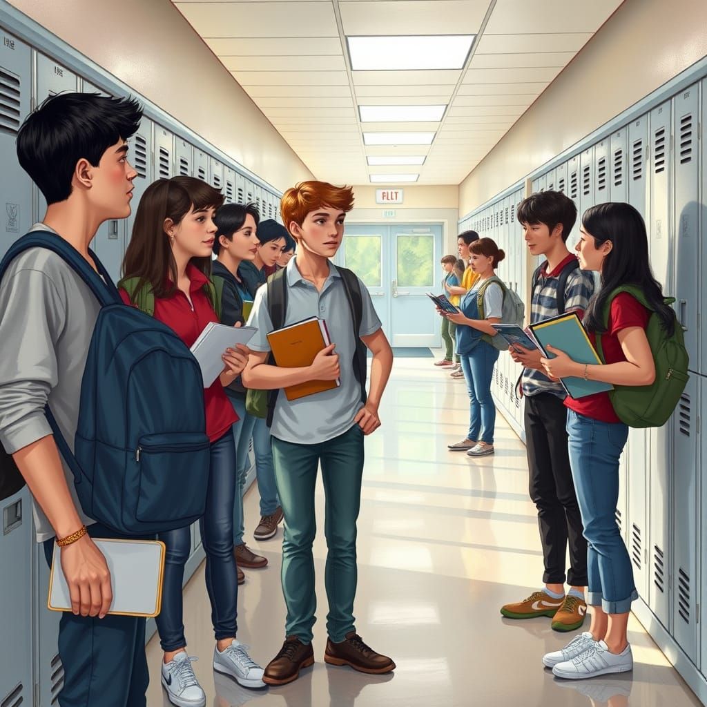 Students Chatting in Bright School Hallway, Realistic Style
