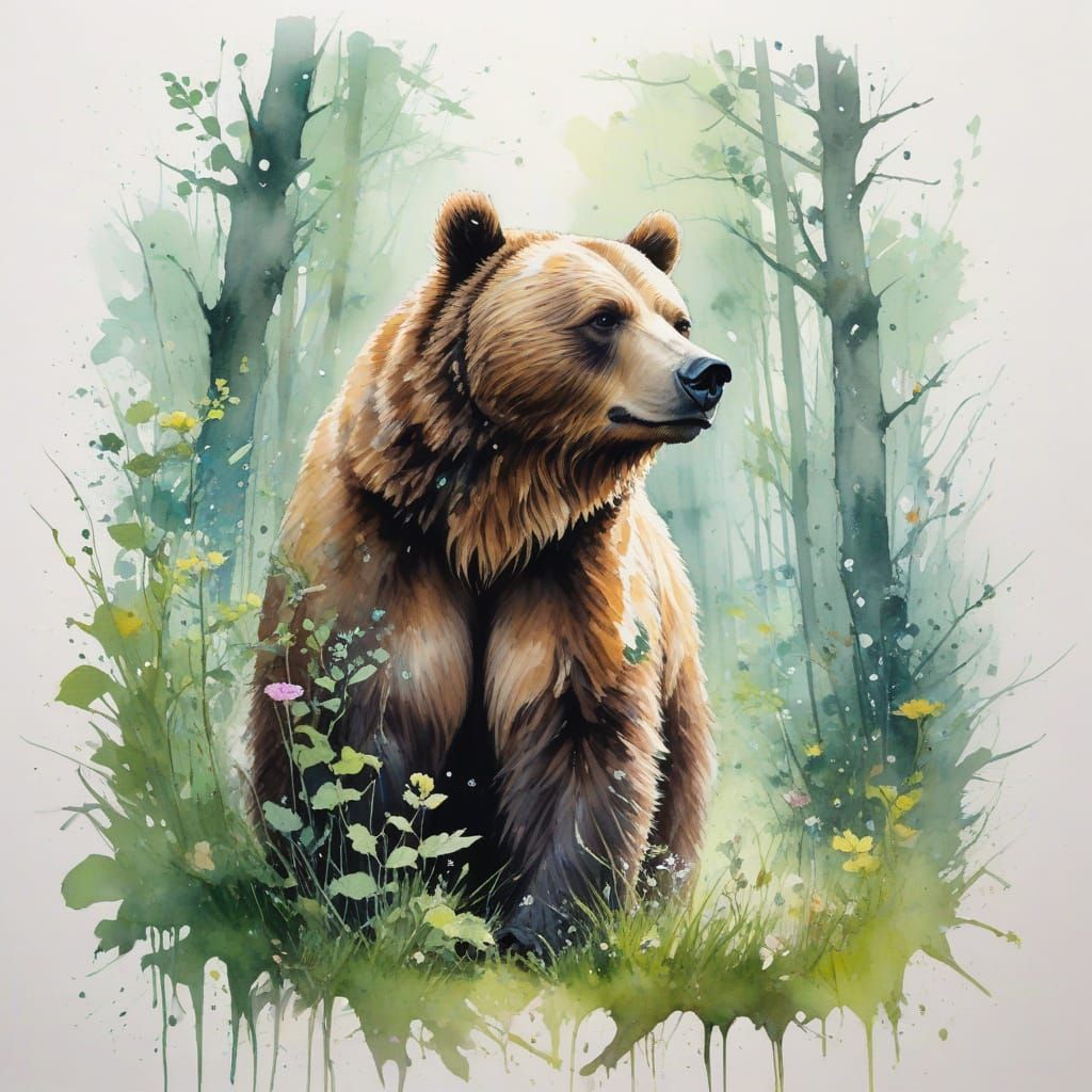 Surreal Gentle Bear in a Lush Spring Forest