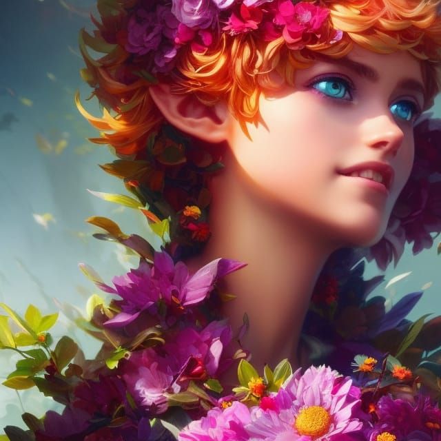 Elf Covered in Flowers: Hyper-Realistic Digital Art