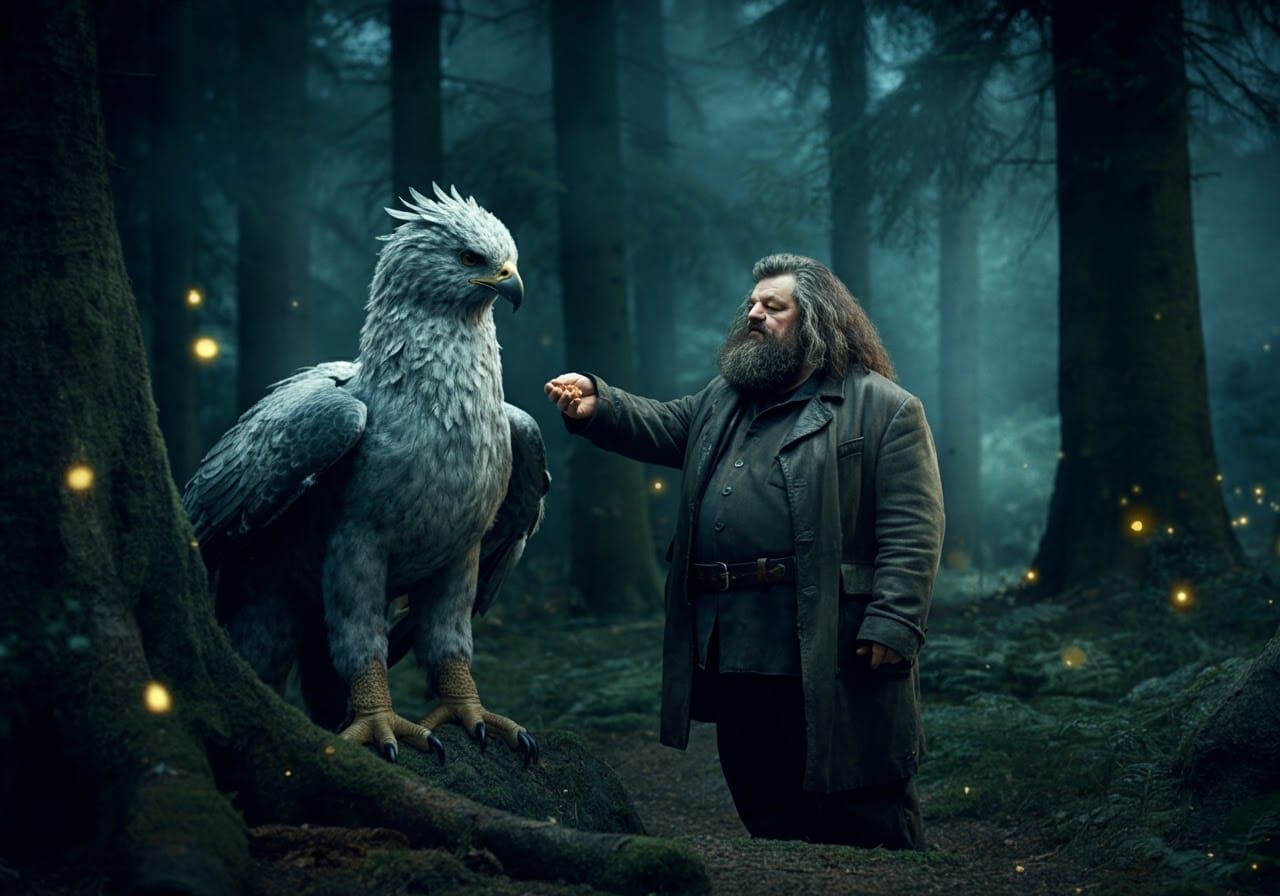 Hagrid and Hippogriff in Mystical Forest