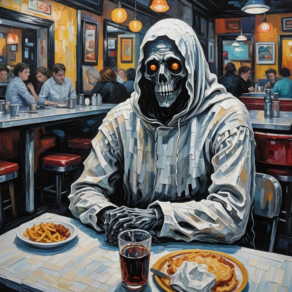 Sad Ghost in Diner: Neo-Impressionist Oil Painting