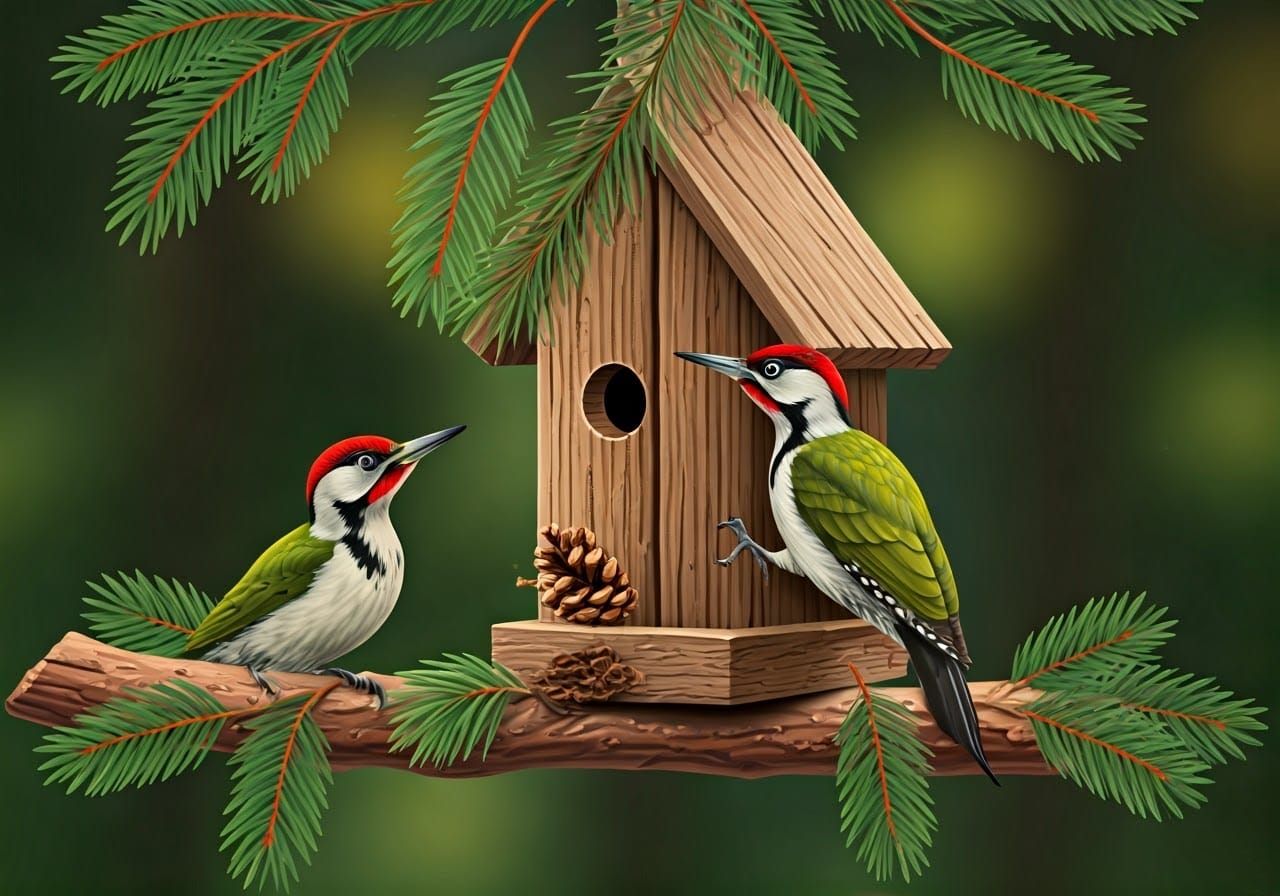 Woodpeckers Building Birdhouse in Forest: Childbook Scene