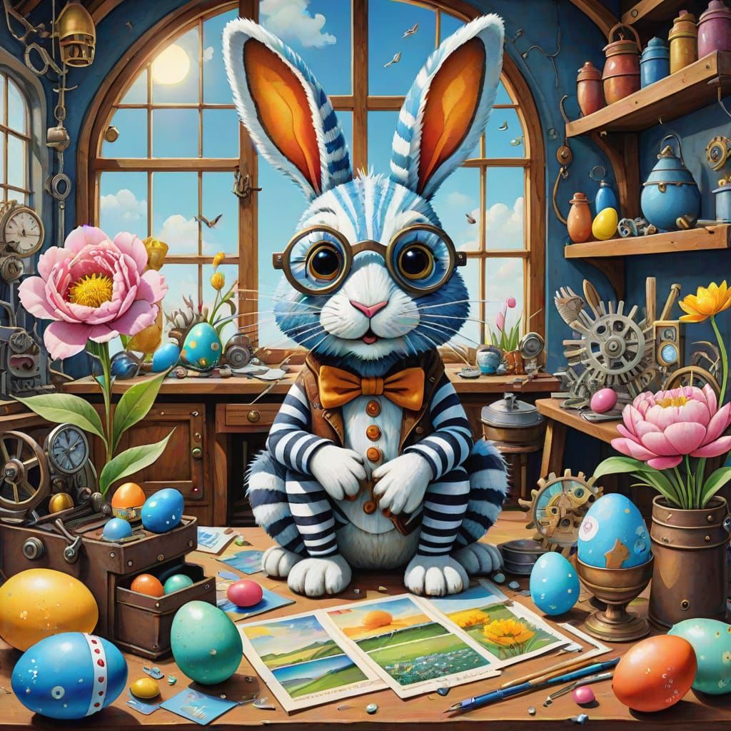 Striped Easter Bunny in Steampunk Workshop