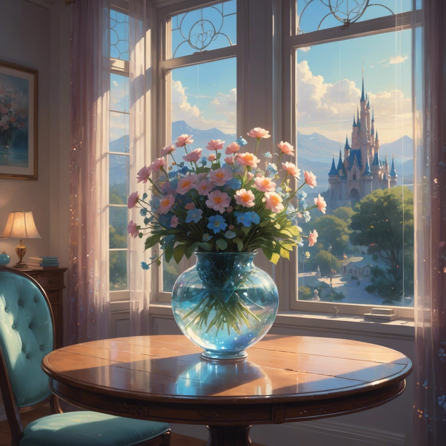 Bioluminescent Flowers in Crystal Vase, Digital Art