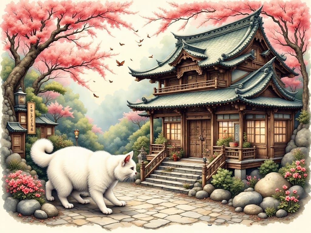 White Cat Walks By Tokyo Temple in Ink Style
