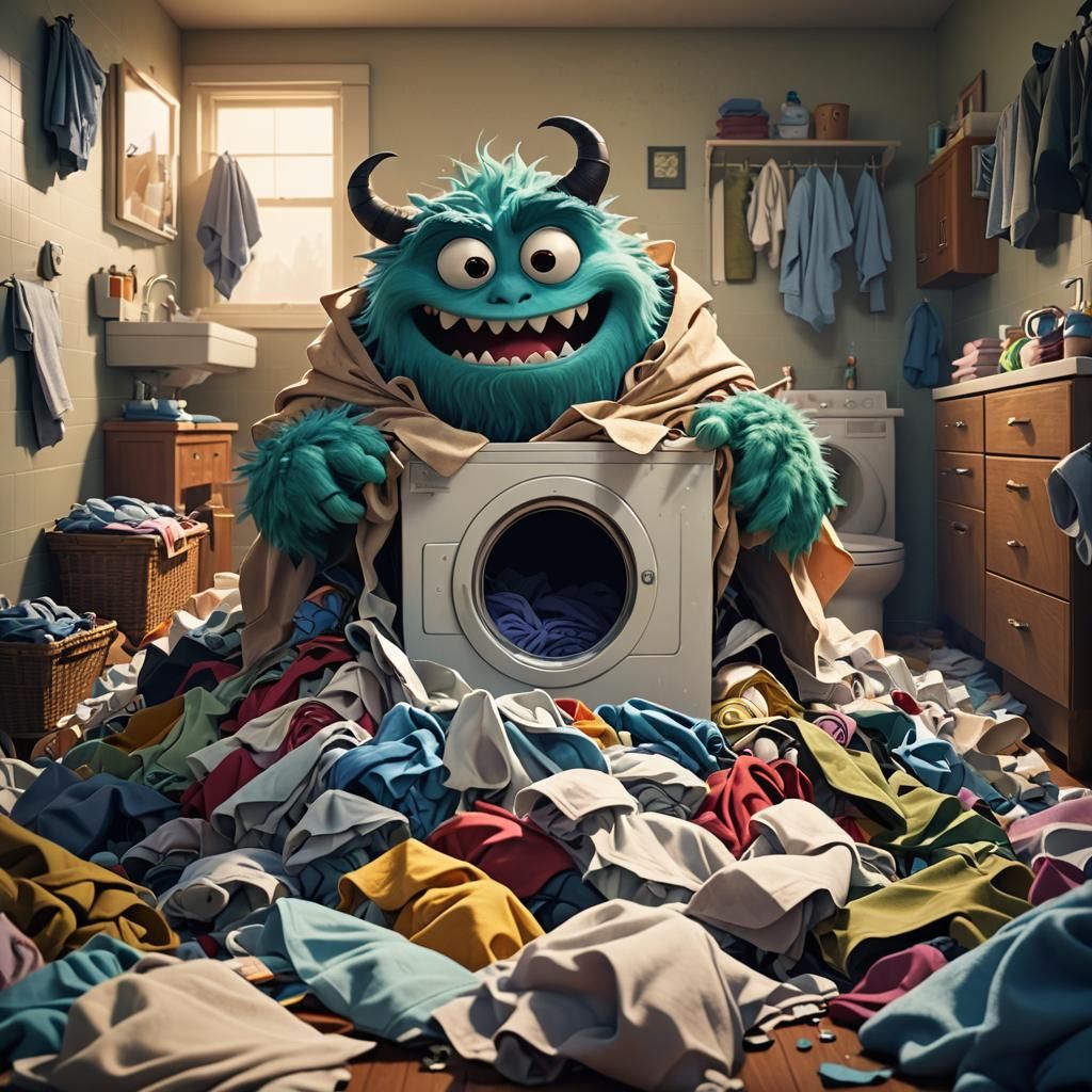 Cartoon Monster in Laundry Pile, Disney 3D Style