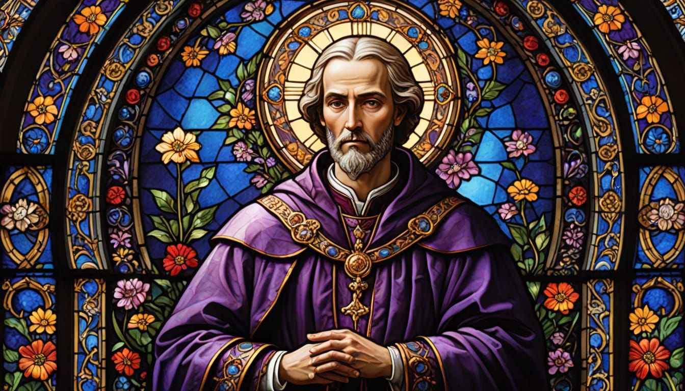 Saint Germain in Vibrant Stained Glass Masterpiece