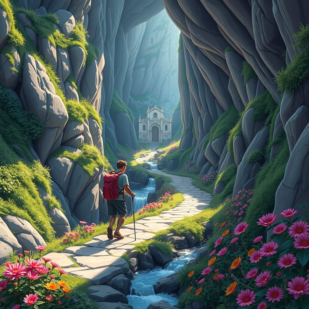 Serene Hiker Approaches Majestic Sanctuary in Candy Art Styl...