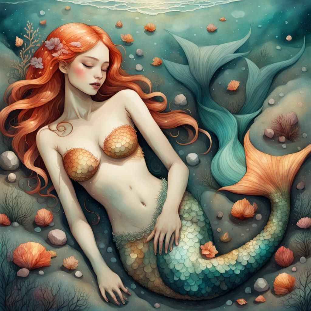 Watercolor Mermaid Sleeping on the Beach