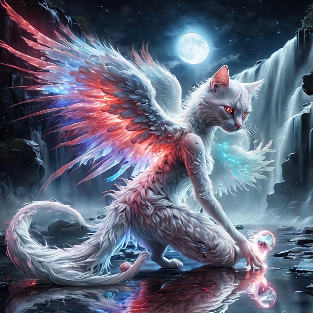 Holographic Cat Creature with Kitten, Digital Art