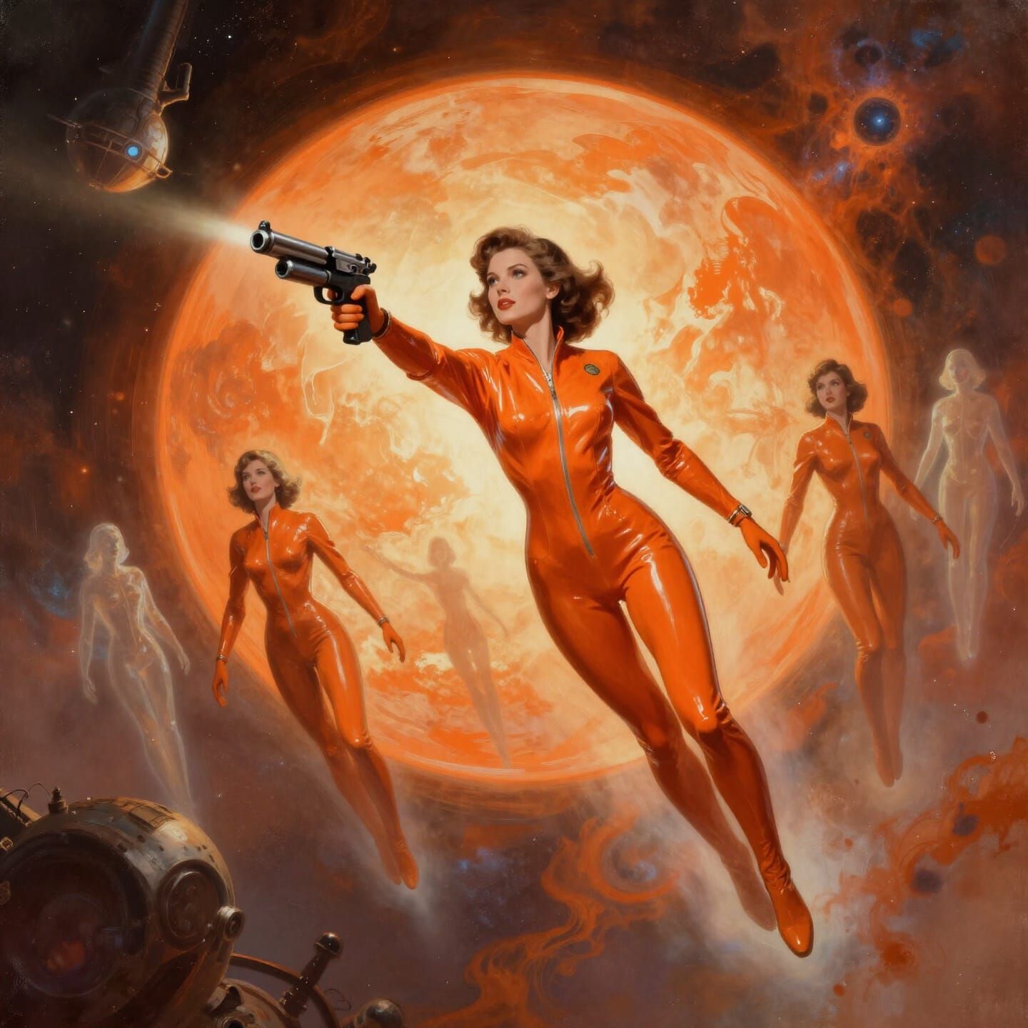 Space Explorers in Orange Latex with Ray Gun