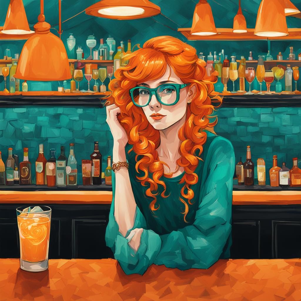 Goddess with Orange Hair at Teal Bar