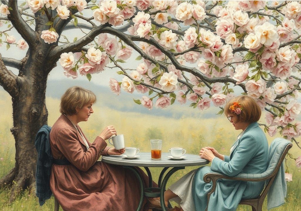 Coffee Under Apple Tree: Watercolor Painting