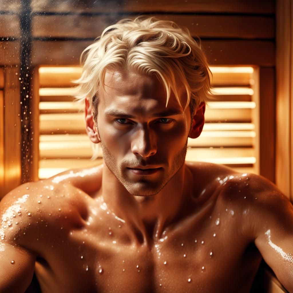 Handsome Man in Sauna, Glistening with Sweat