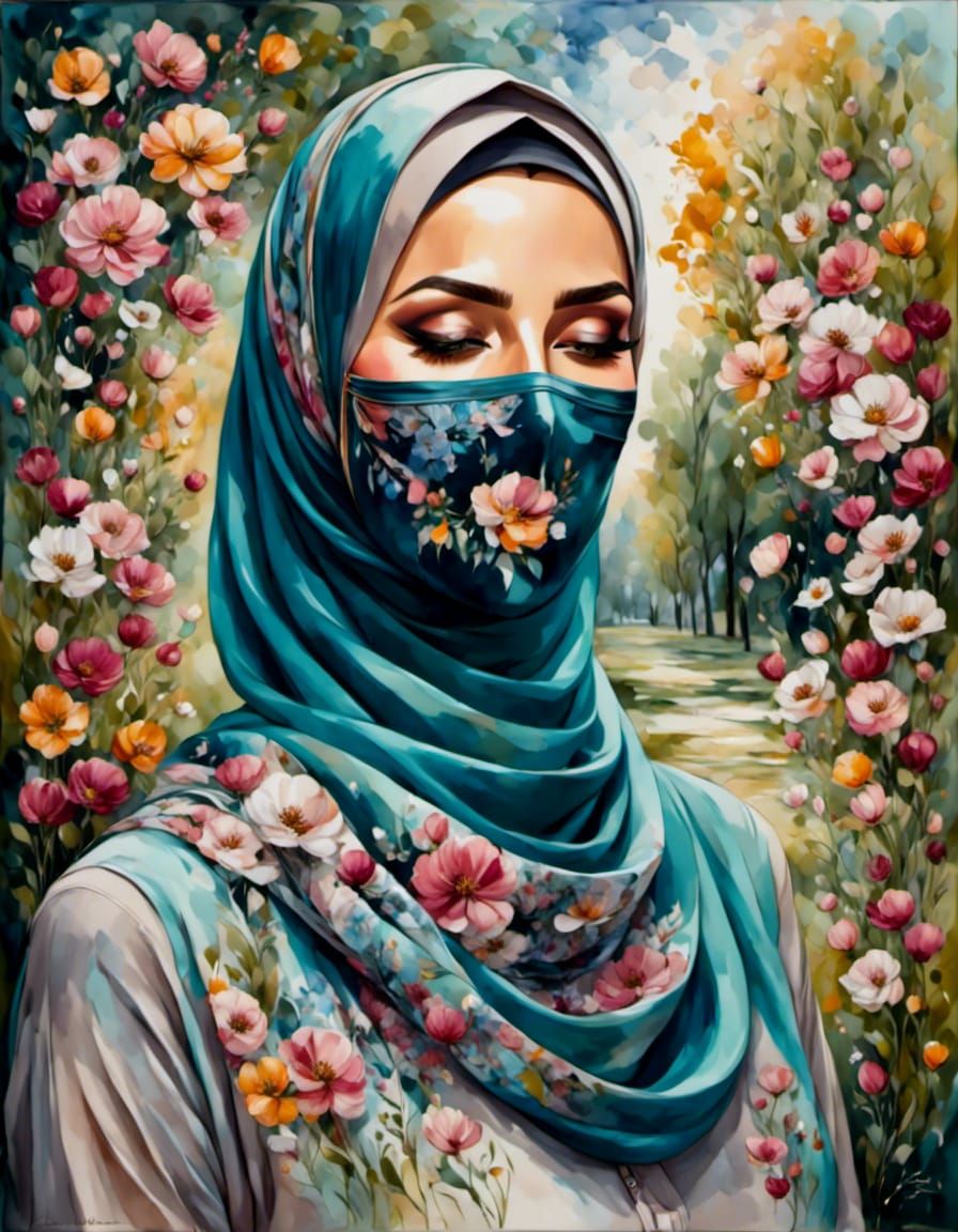European Hijabi Woman in Spring Park Painting
