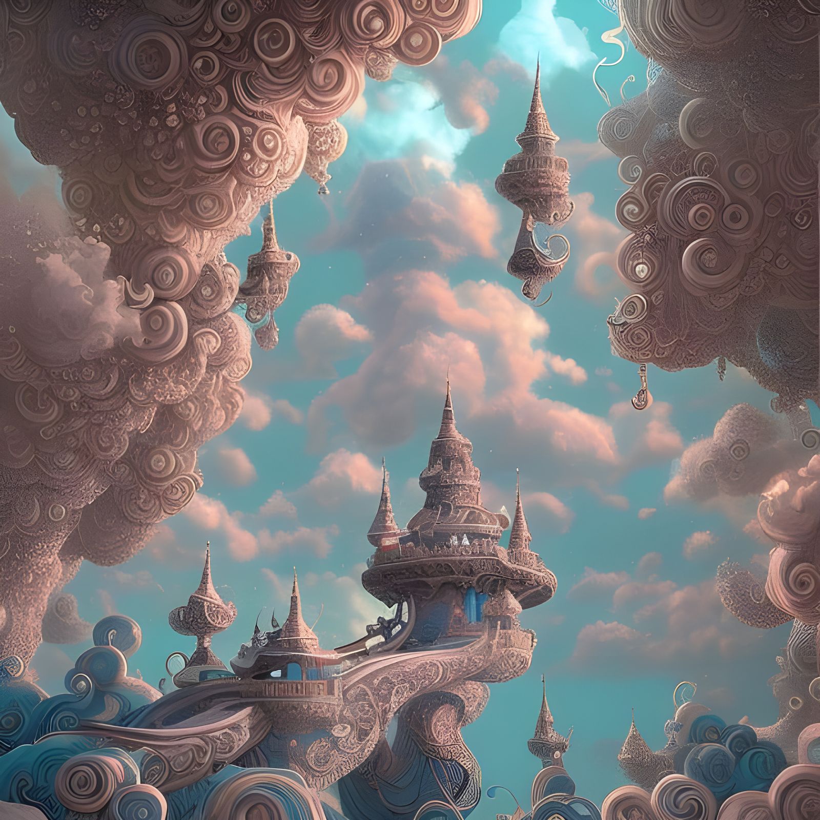 Whimsical Cloud Castle in Starry Sky: Digital Illustration