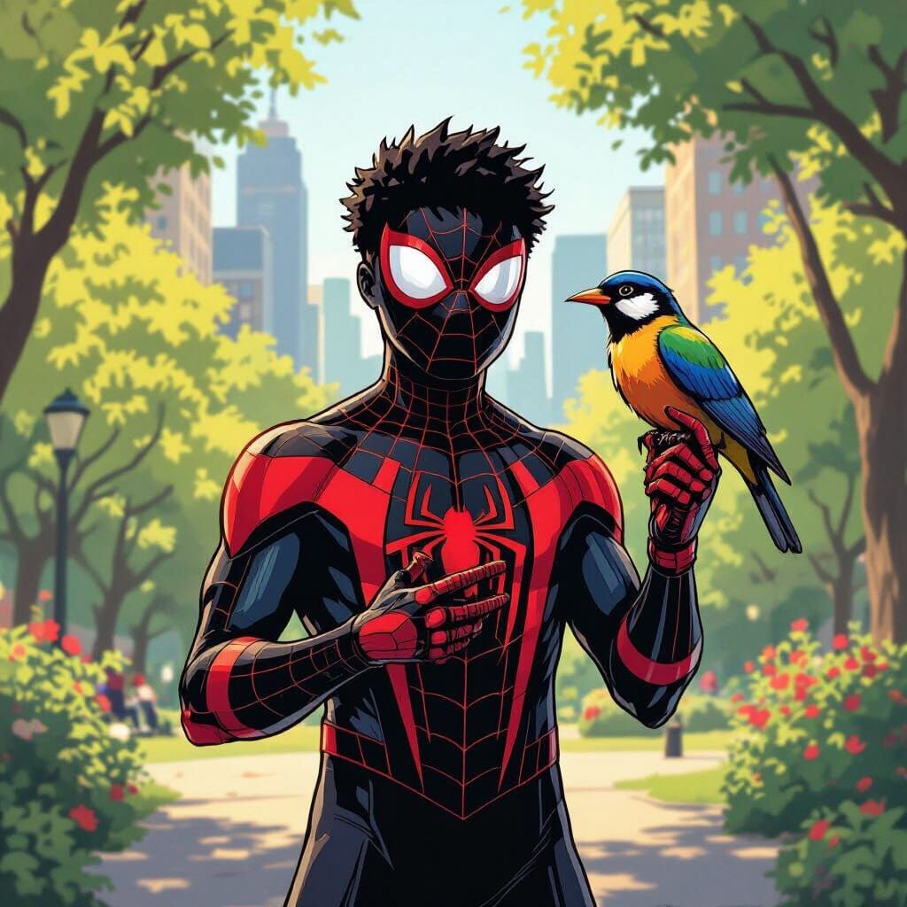 Miles Morales with Bird, in Comic Book Style