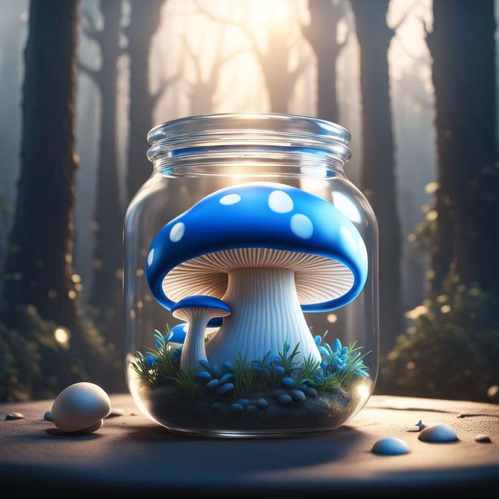 Luminous Blue and White Mushrooms in a Jar