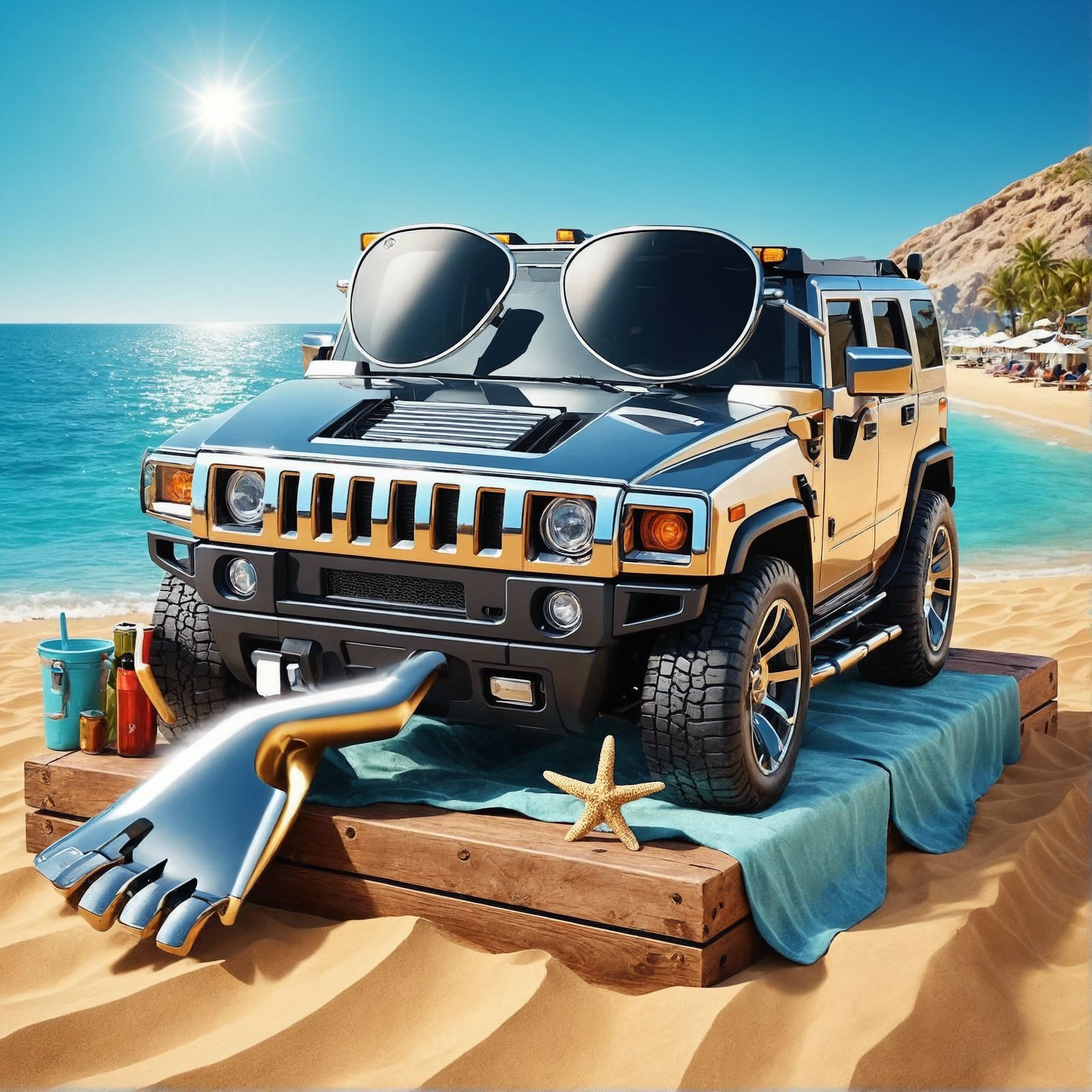 Animated Hummer Relaxing on a Sunny Beach