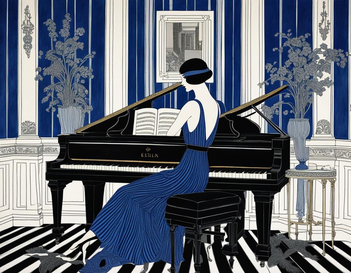 Art Deco Woman at Piano in Edward Gorey Style