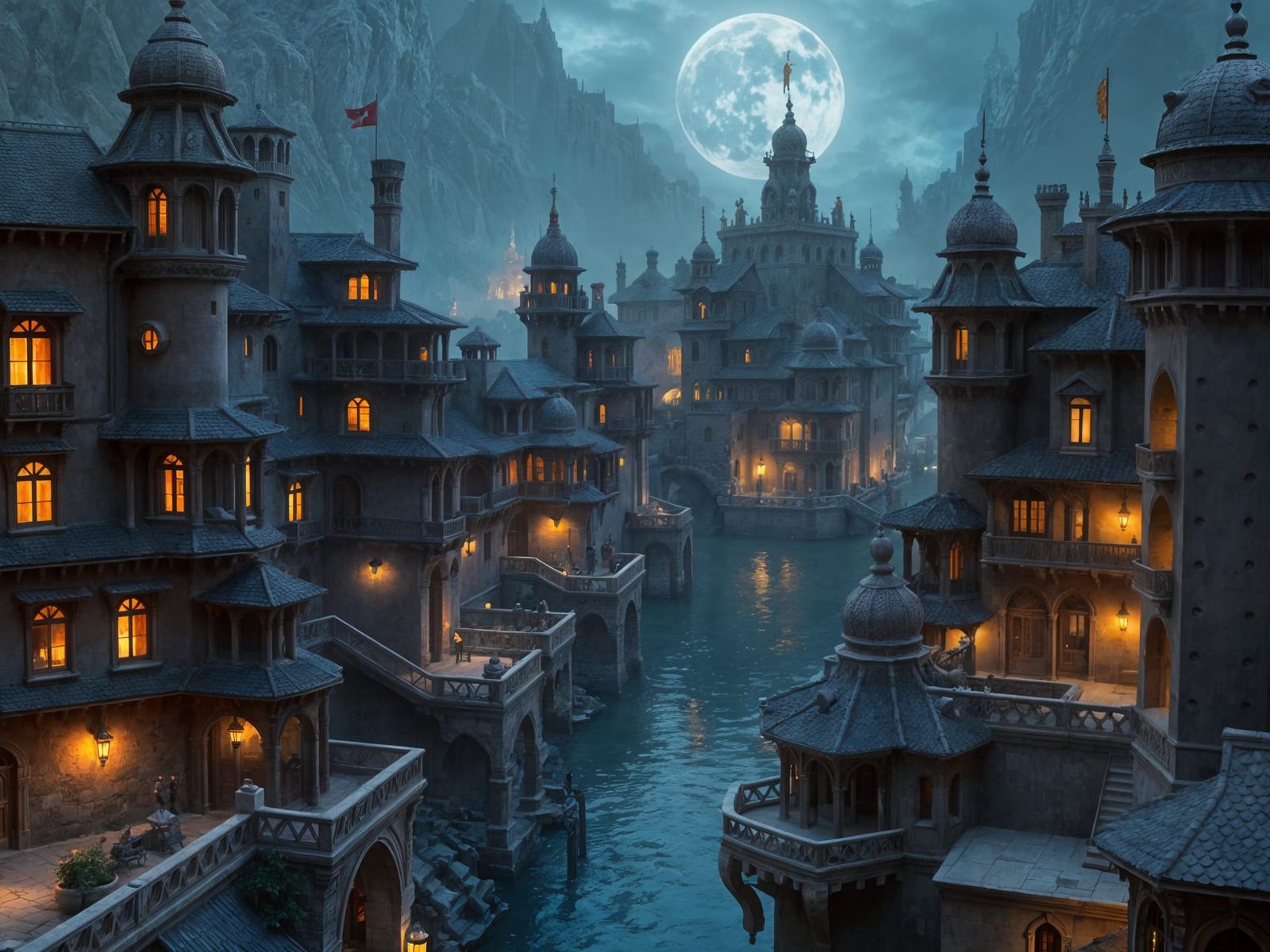 Glowing Canals: Fantasy Cityscape in Atmospheric Realism