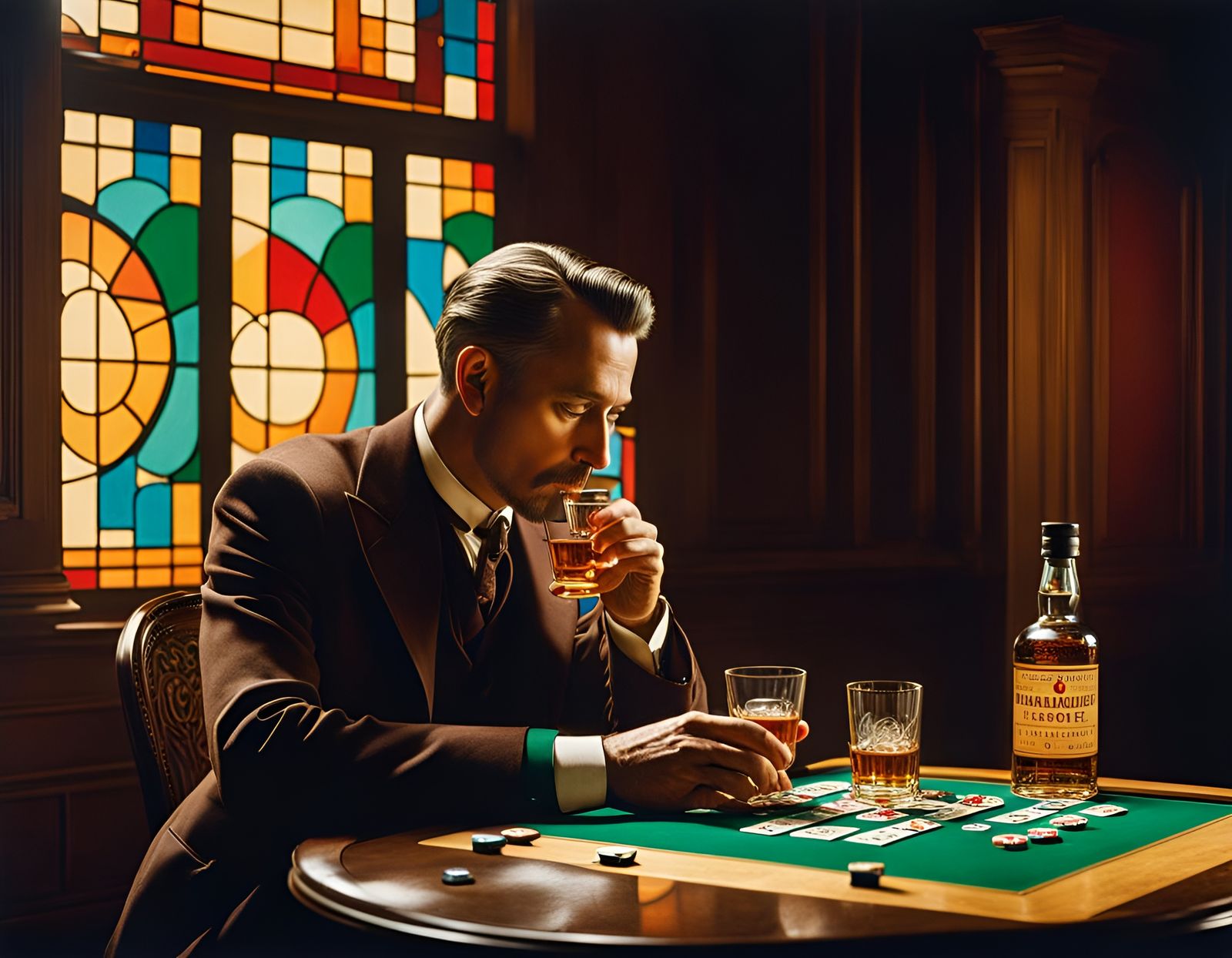 Vintage Photograph: Man Playing Solitaire with Whiskey