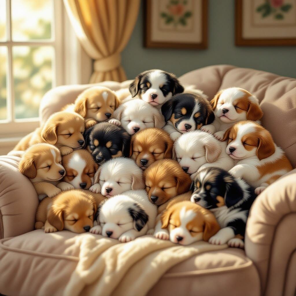 Sleepy Puppies Piled on Oversized Sofa in Storybook Style