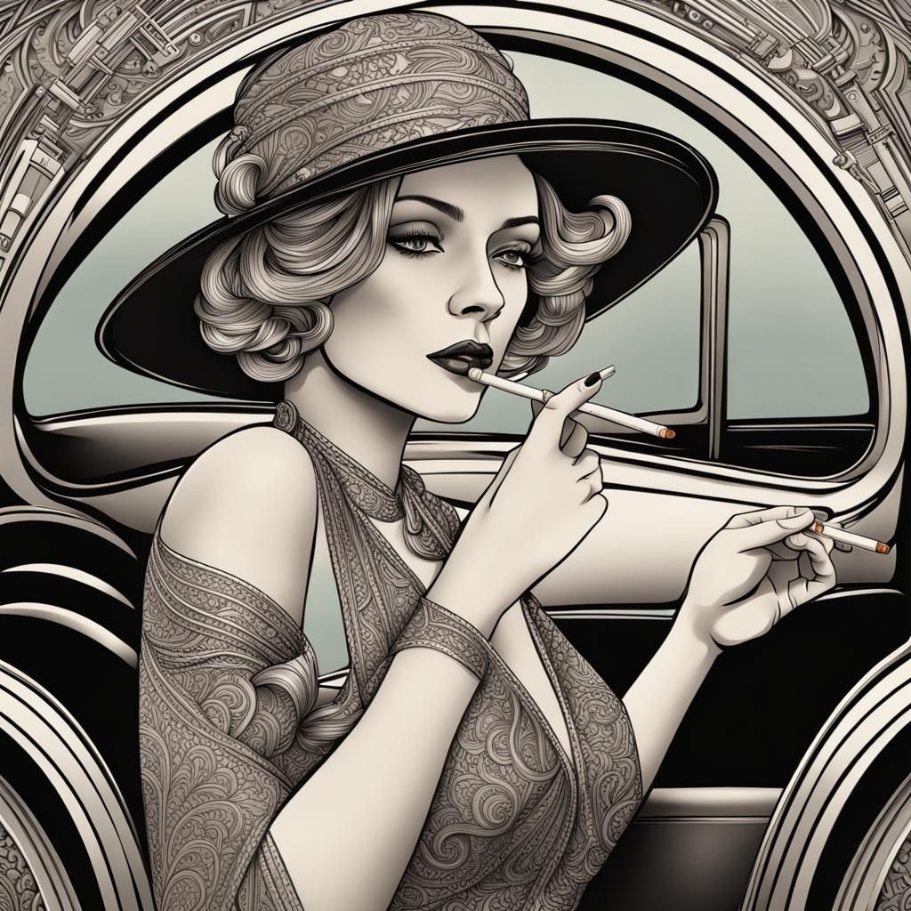 Art Deco Woman with Car: Intricate Line Art
