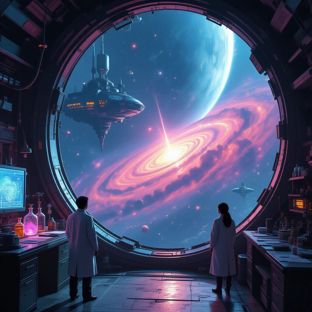 Steampunk Space Station Laboratory Orbiting Alien Planet