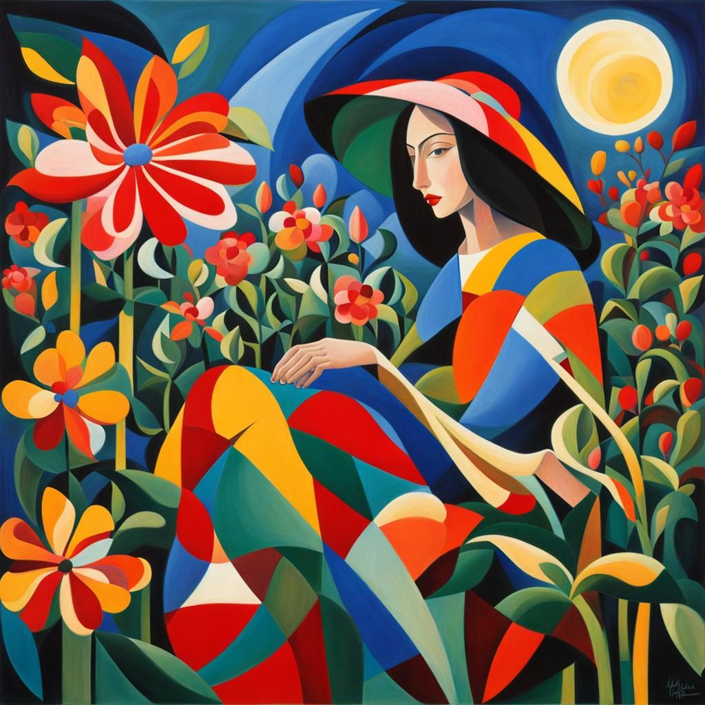 Woman in Flower Garden with Cosmic Moon