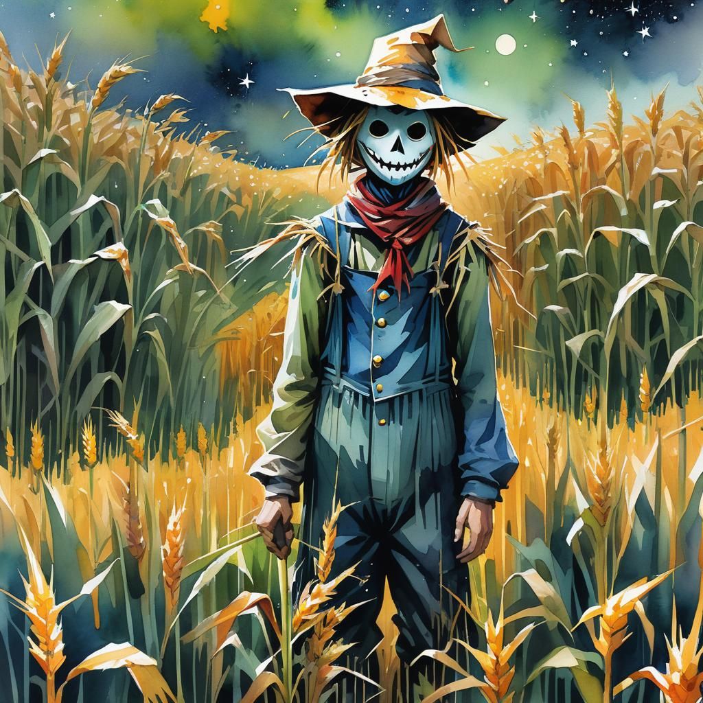 Scarecrow in Cornfield: Watercolor Comic Art