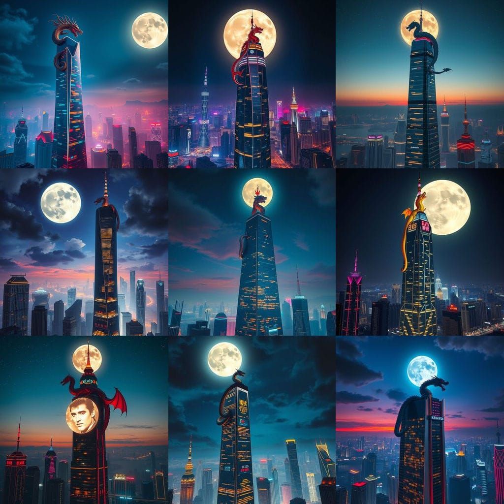 Chinese Skyscraper with Dragon and Elvis in Night Sky