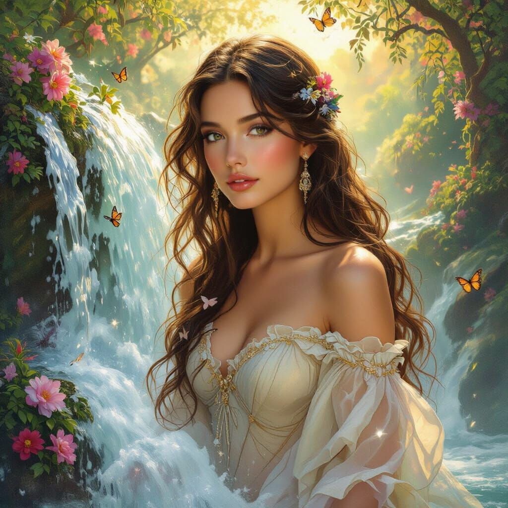 Woman and Waterfall in Pre-Raphaelite Style