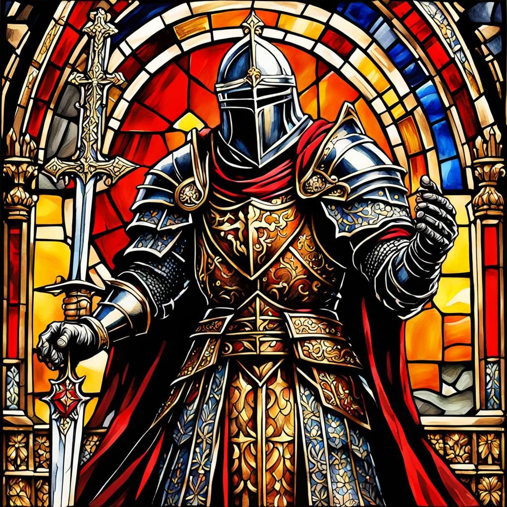 Gothic Knight with Sword and Cross in Stained Glass Style