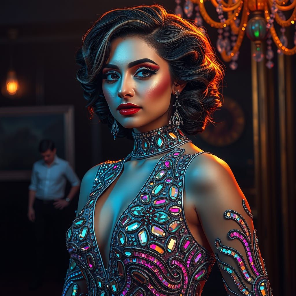 Ethereal Goddess in Iridescent Sequined Gown with Eldritch L...