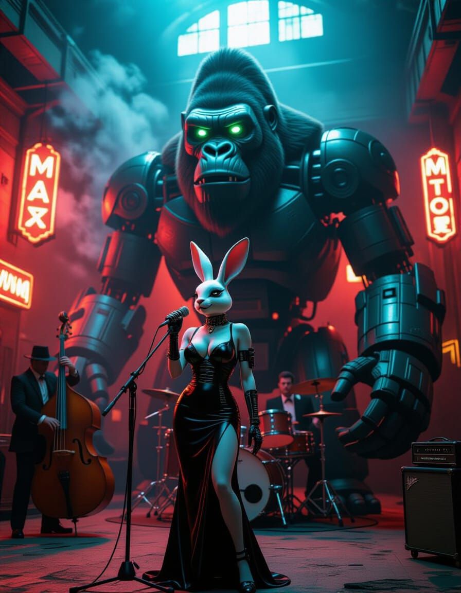 Cyberpunk Jazz Club in Giant Robot Gorilla Skeleton