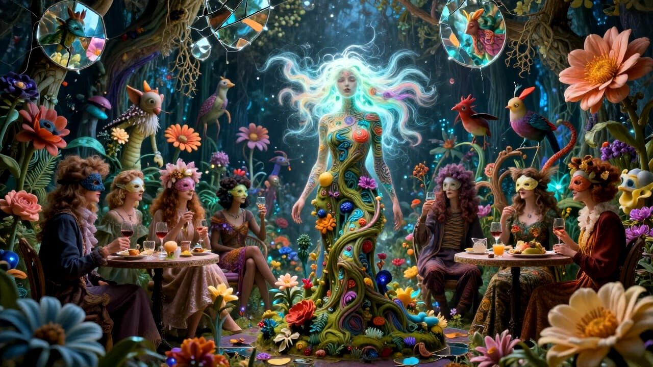 Surreal Garden Party with Mythical Creatures and Bioluminesc...
