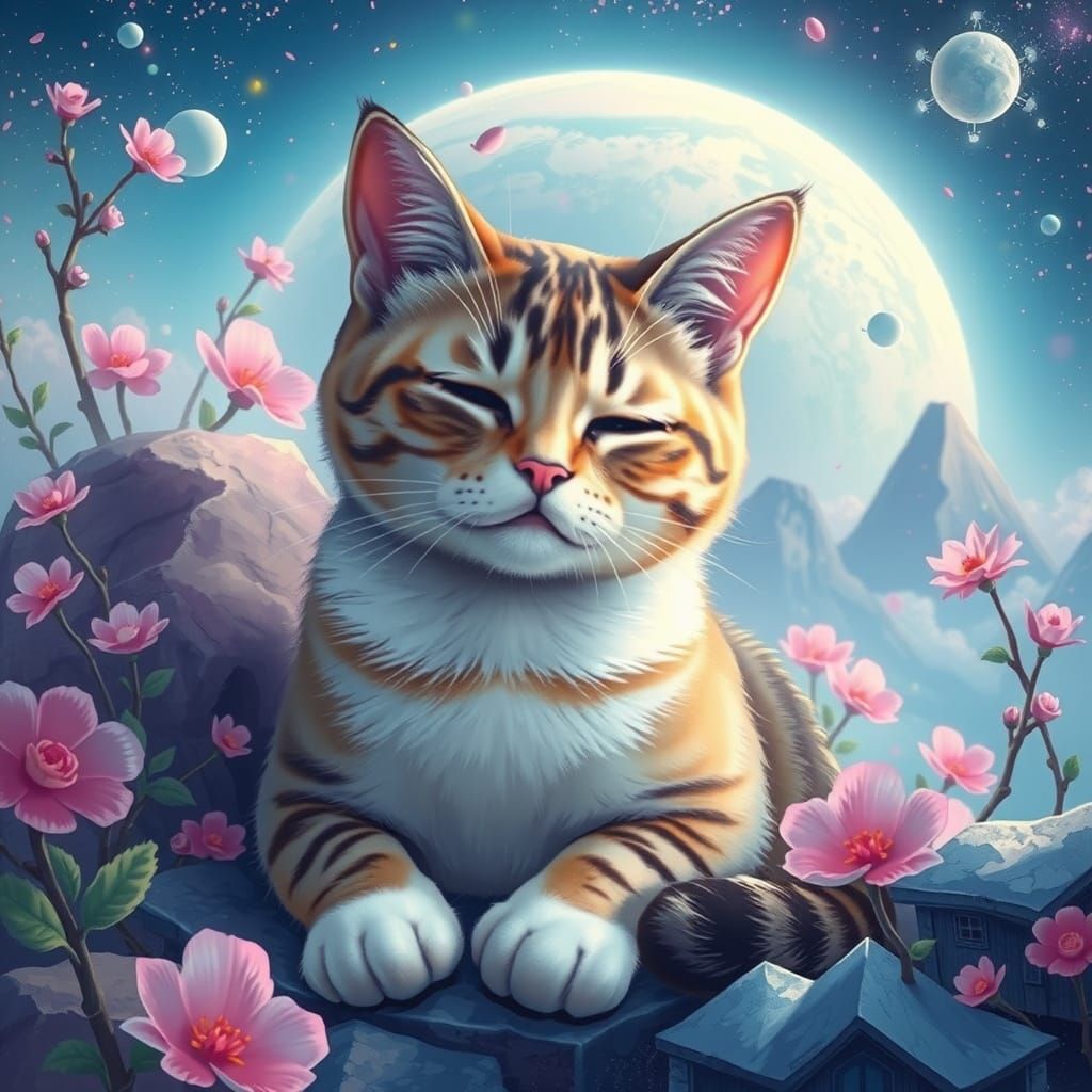 Cat in Serene Environment as Vibrant Digital Art