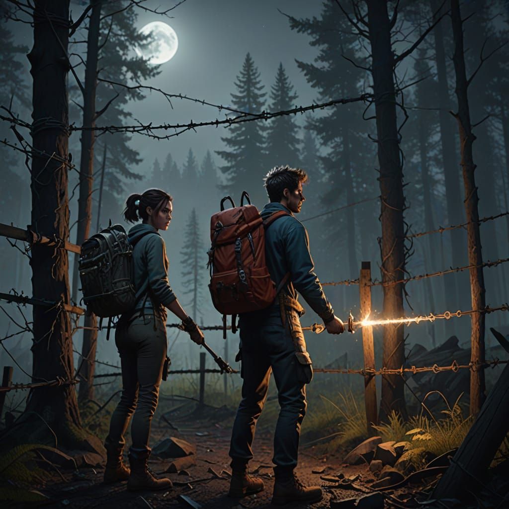 Man Cuts Fence in Dark Forest at Night