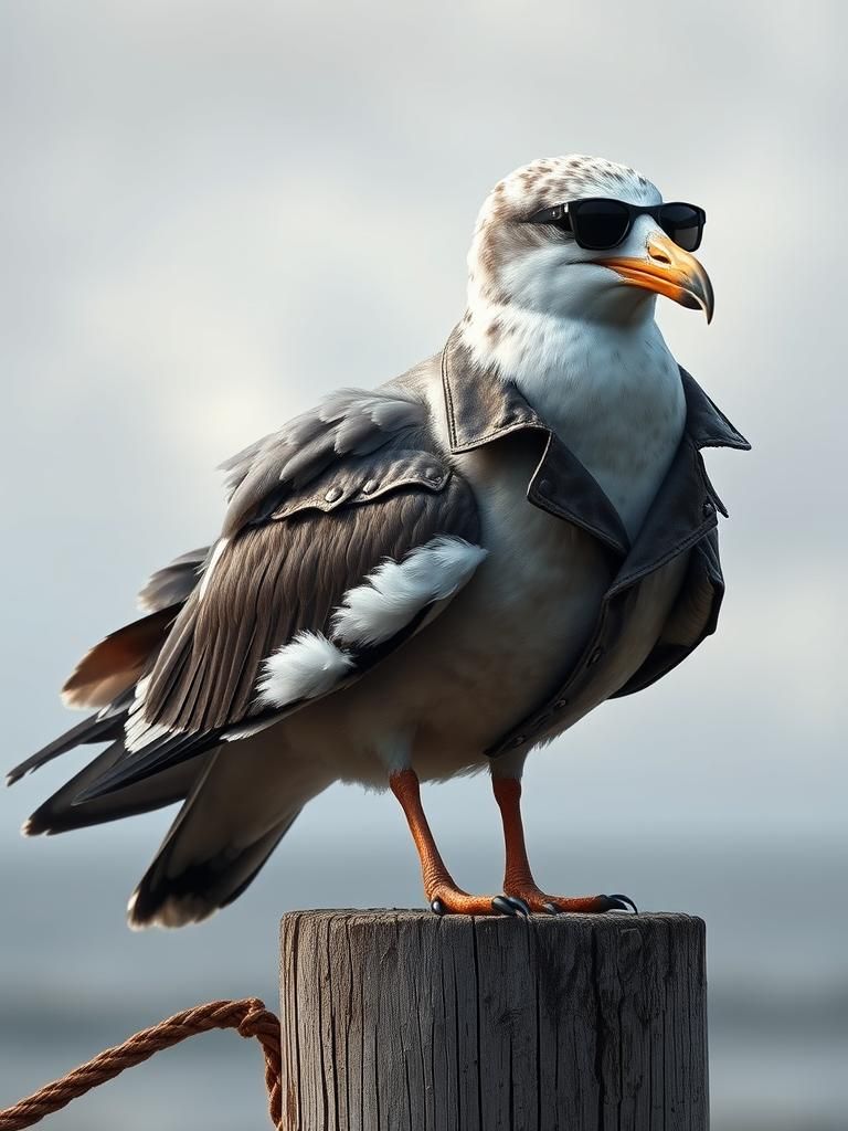 Seagull Posing as Action Star: Gritty Cinematic Illustration