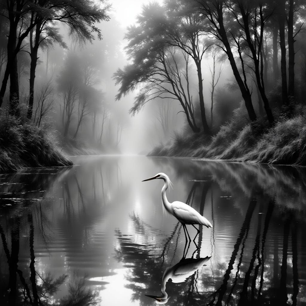 Majestic Egret in a Serene River Landscape in Black and Whit...