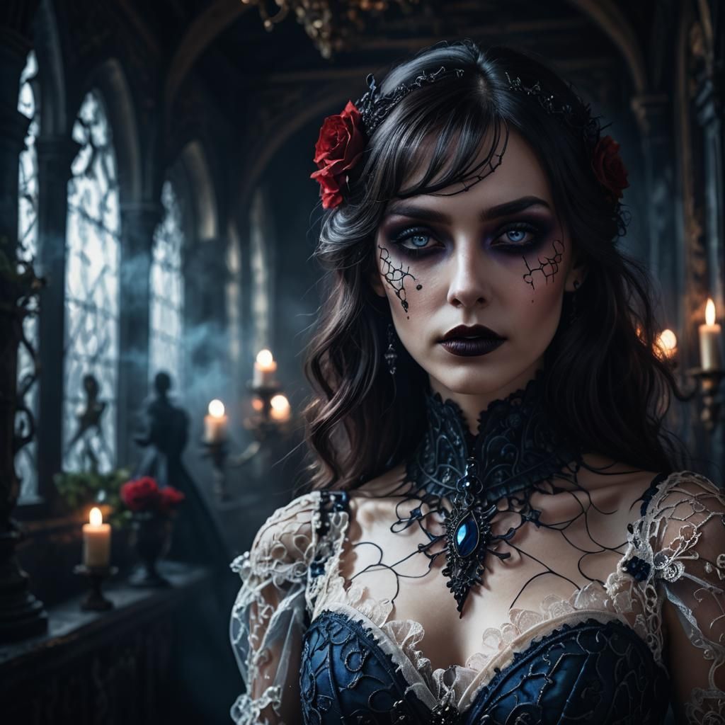Eldritch Beauty in Gothic Gown, Dark Surrealism
