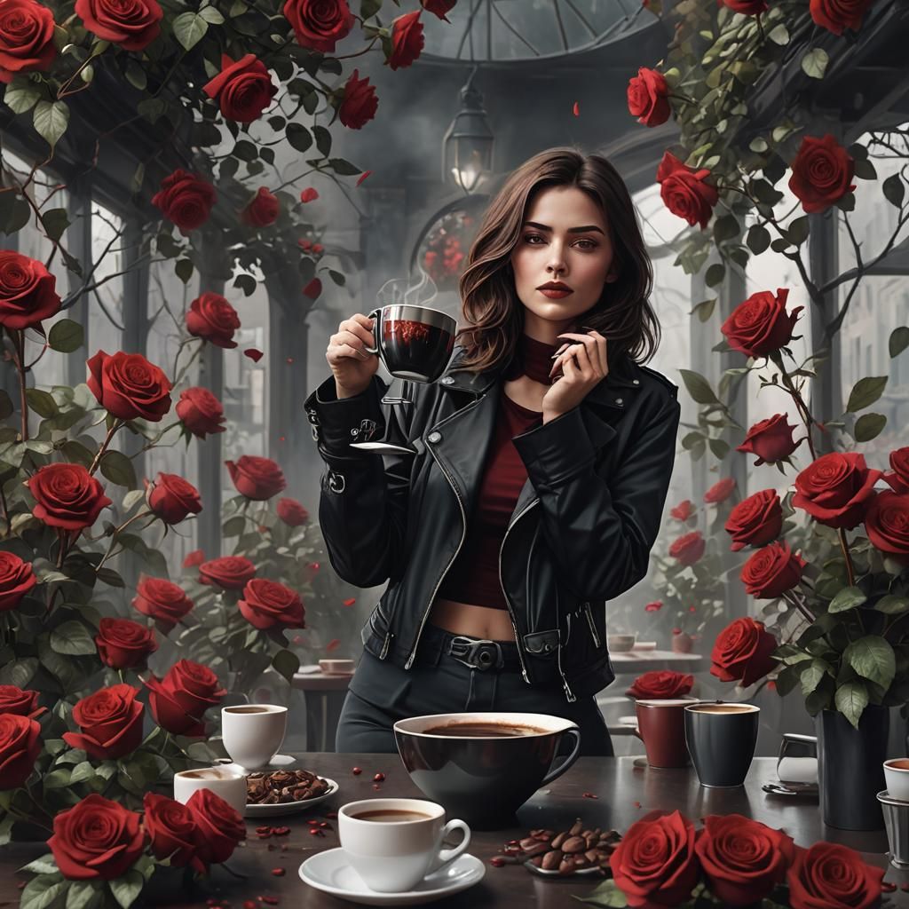 Brunette with Coffee and Roses: Fantasy Concept Art