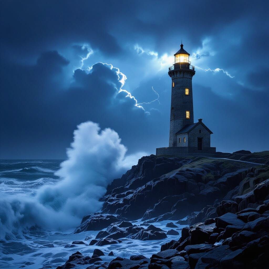 Dramatic Lighthouse on Cliff Amidst Stormy Seas