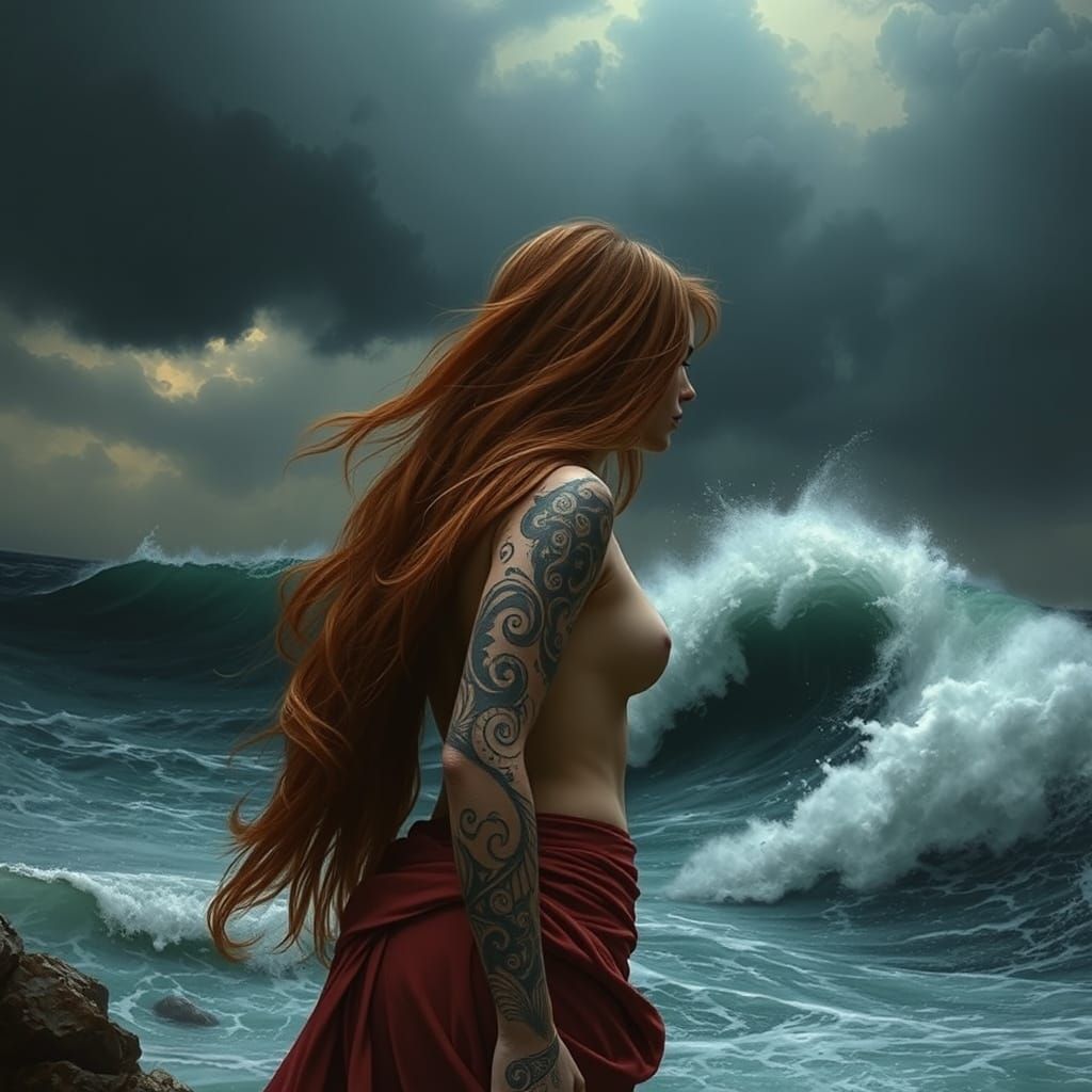 Stormy Seas Nymph with Intricate Tattoos in Dark Moody Style