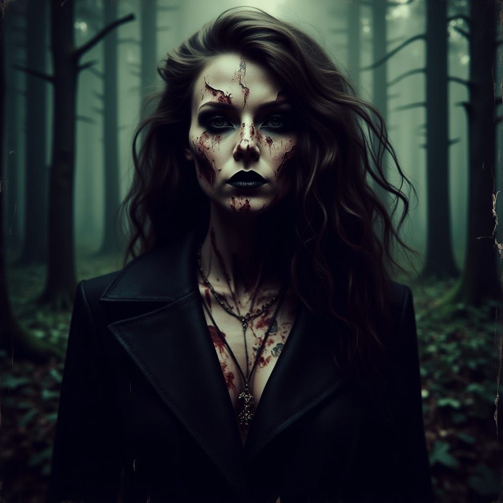 Curvy Freckled Lady Stands in Dark Forest