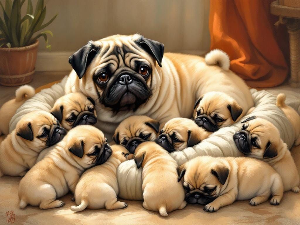 Mother Pug and Puppies in Whimsical Style